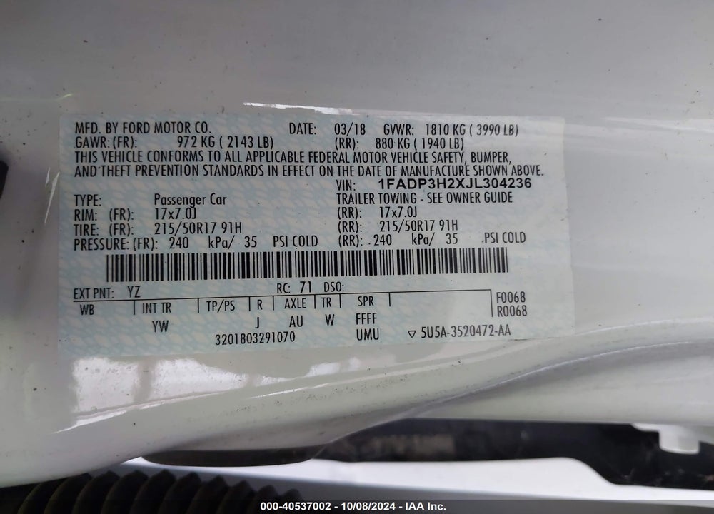 2018 FORD FOCUS SEL VIN: 1FADP3H2XJL304236