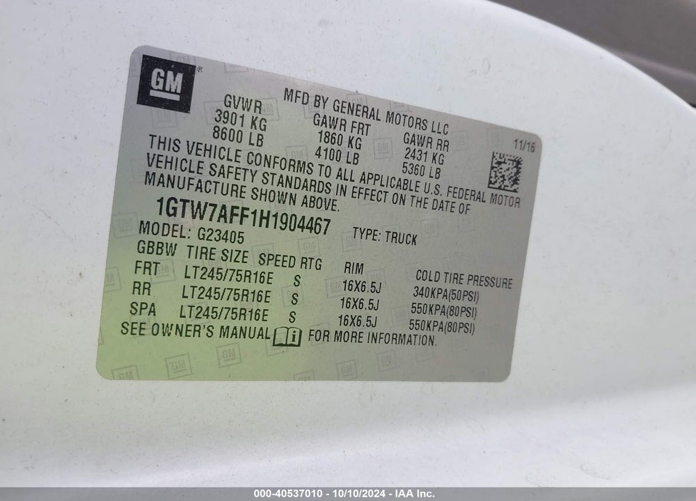 2017 GMC SAVANA 2500 WORK VAN VIN: 1GTW7AFF1H1904467