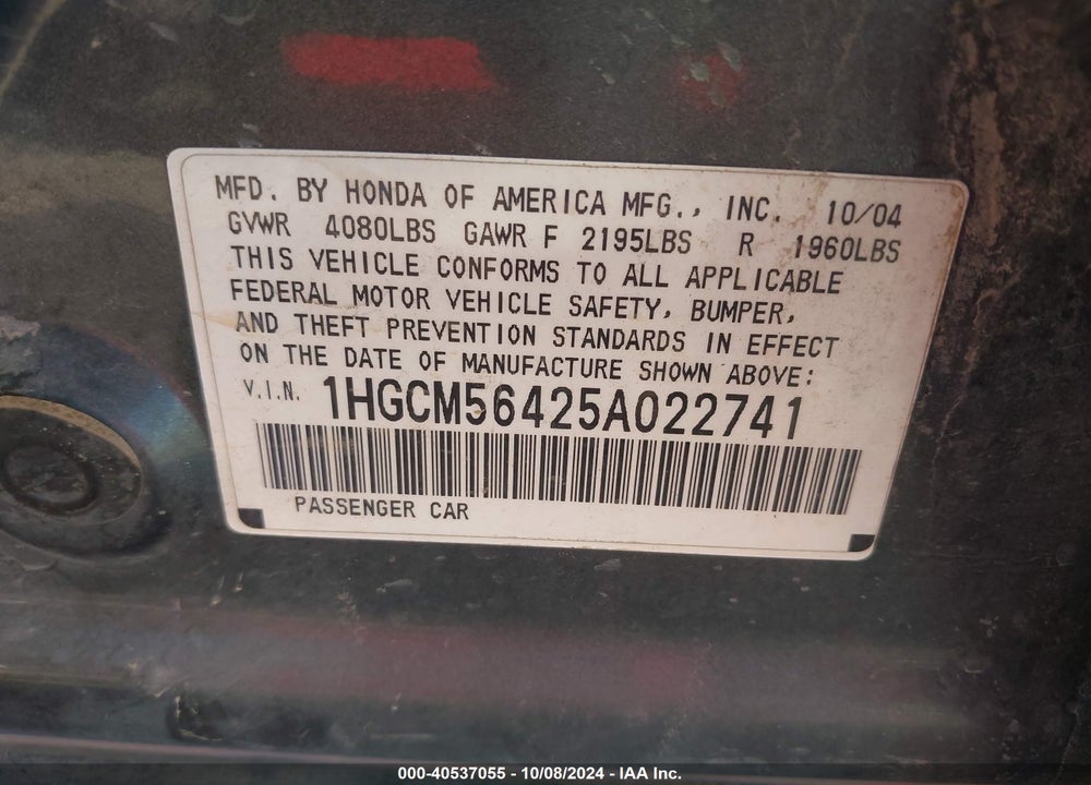 2005 HONDA ACCORD 2.4 LX VIN: 1HGCM56425A022741
