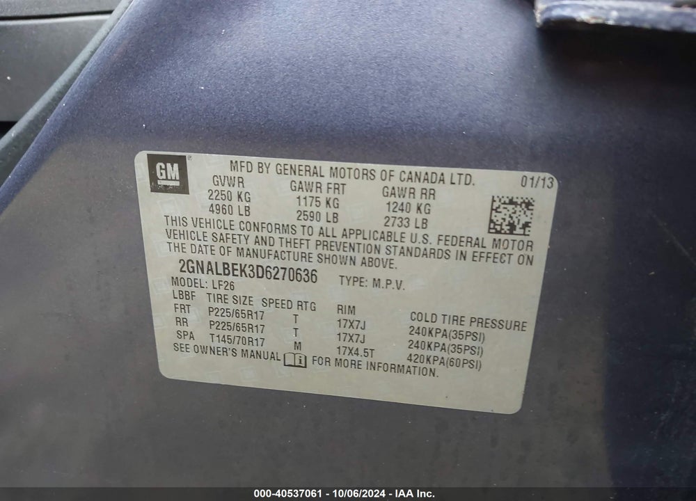 2013 CHEVROLET EQUINOX LS VIN: 2GNALBEK3D6270636
