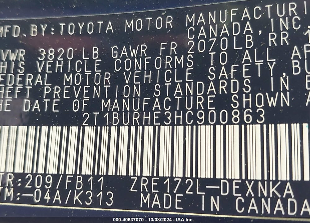 2017 TOYOTA COROLLA LE VIN: 2T1BURHE3HC900863