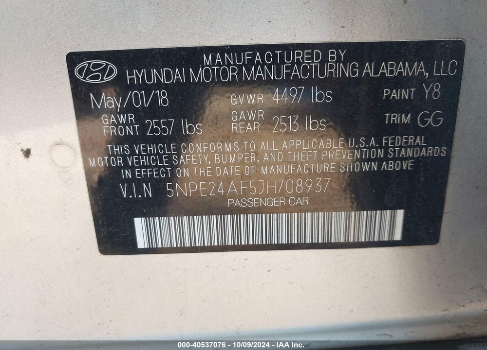 2018 HYUNDAI SONATA SE VIN: 5NPE24AF5JH708937