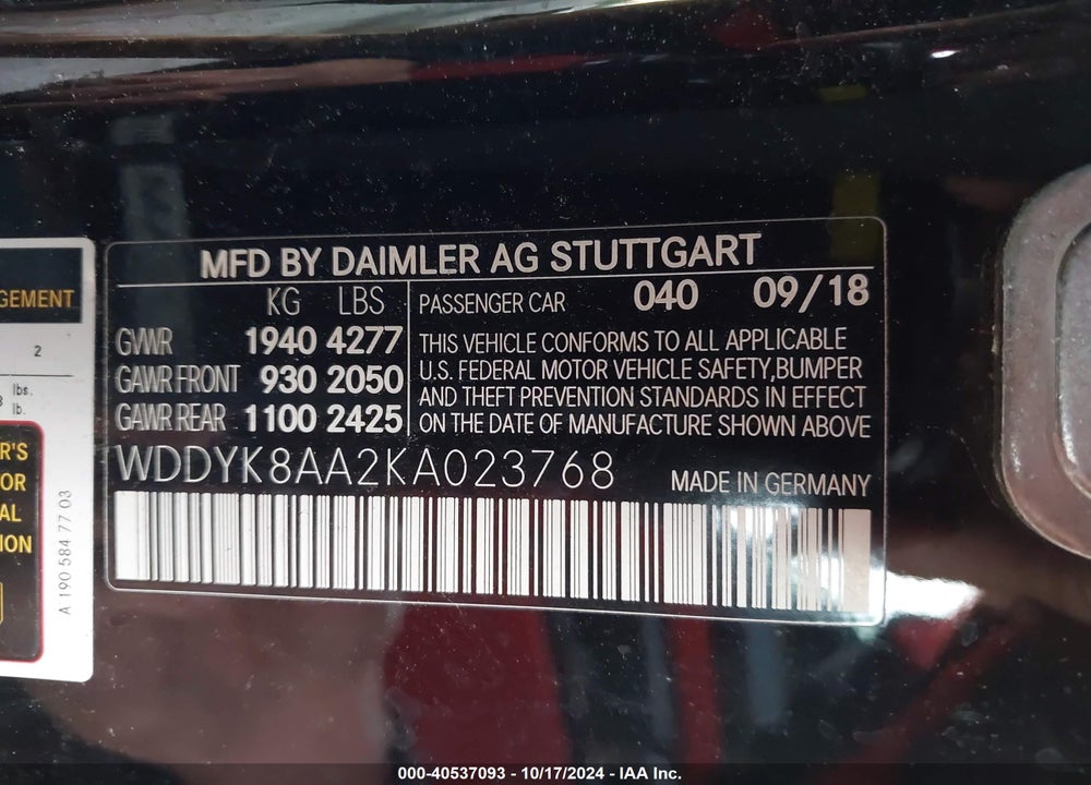 2019 MERCEDES-BENZ AMG GT C VIN: WDDYK8AA2KA023768