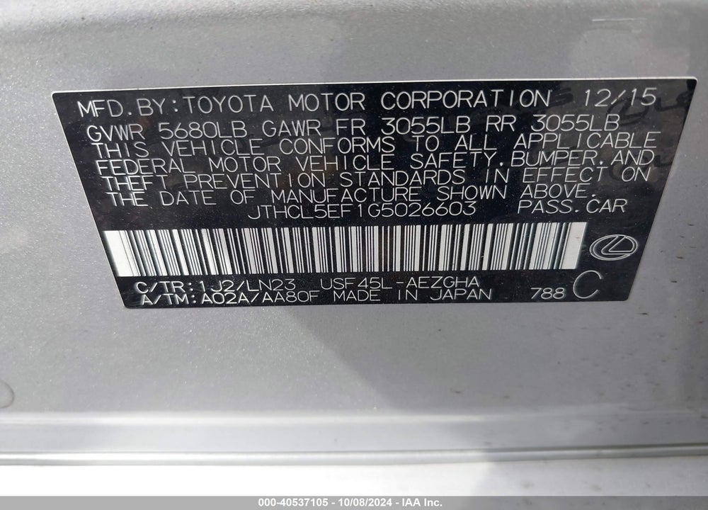 2016 LEXUS LS 460 VIN: JTHCL5EF1G5026603