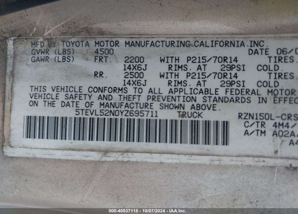 2000 TOYOTA TACOMA VIN: 5TEVL52N0YZ695711