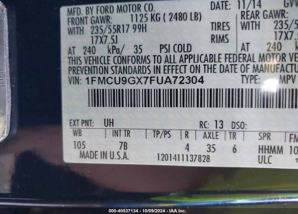 2015 FORD ESCAPE SE VIN: 1FMCU9GX7FUA72304