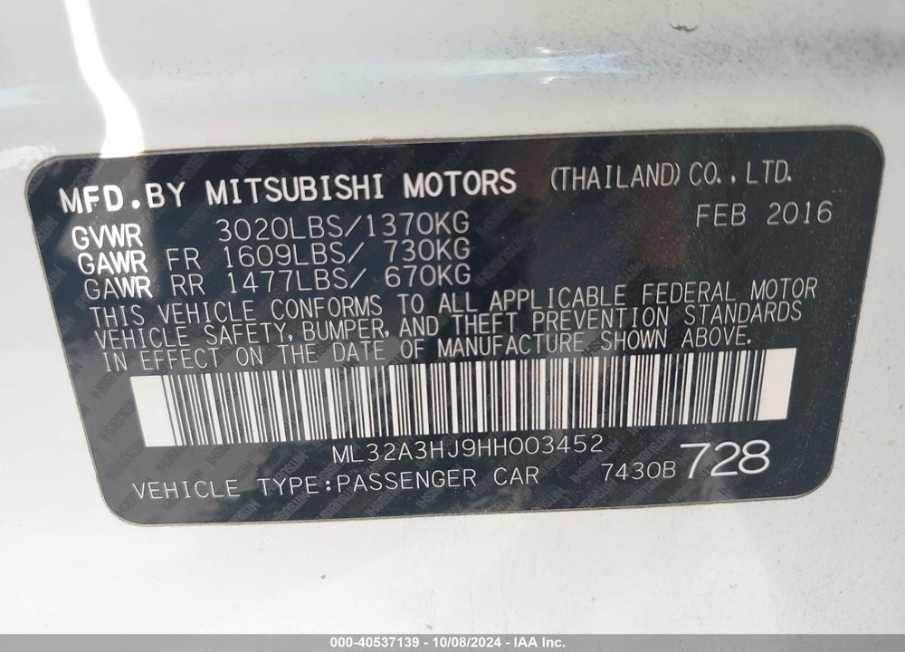 2017 MITSUBISHI MIRAGE ES VIN: ML32A3HJ9HH003452