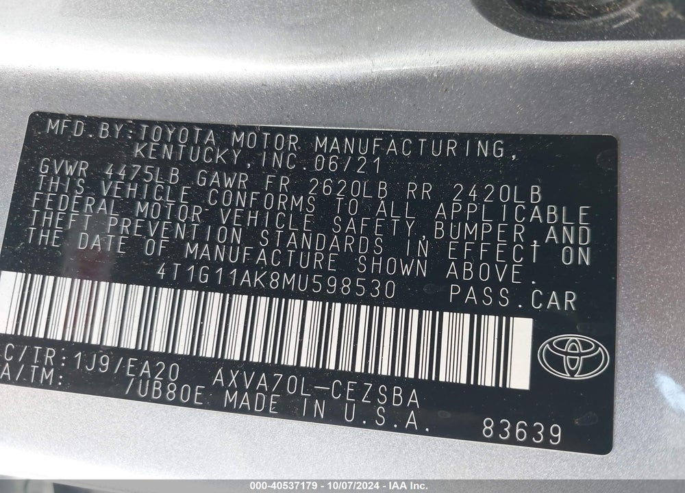2021 TOYOTA CAMRY SE VIN: 4T1G11AK8MU598530