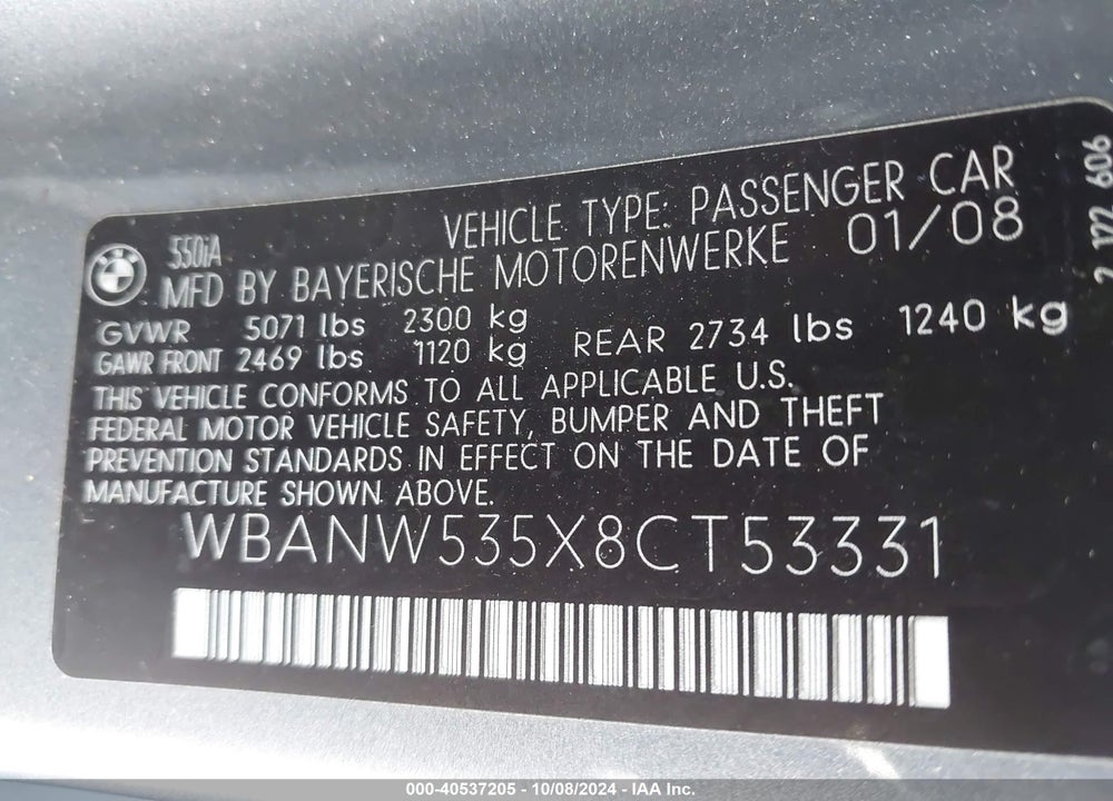 2008 BMW 550I VIN: WBANW535X8CT53331