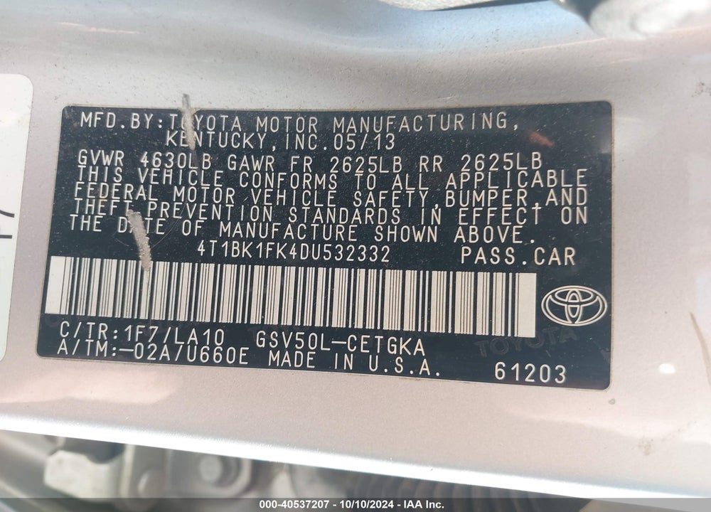2013 TOYOTA CAMRY XLE V6 VIN: 4T1BK1FK4DU532332