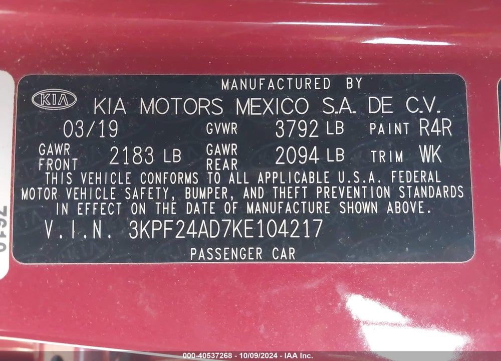 2019 KIA FORTE LXS VIN: 3KPF24AD7KE104217