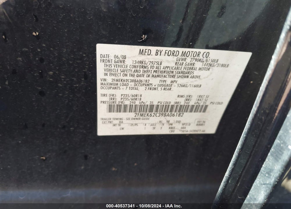 2009 FORD FLEX SEL VIN: 2FMEK62C39BA06182
