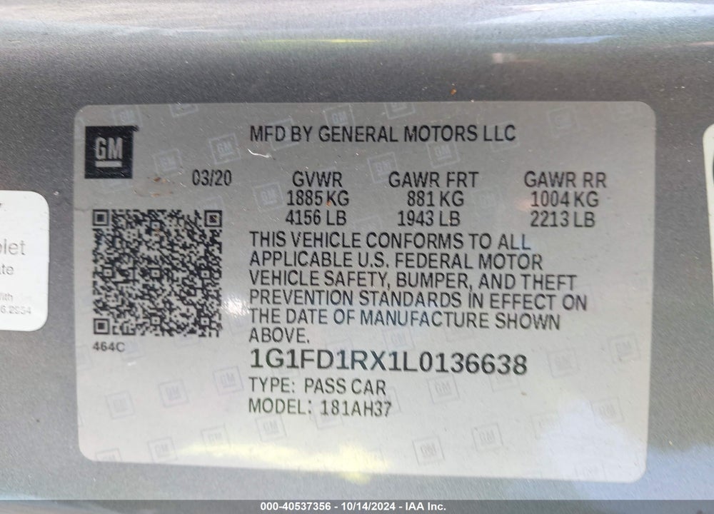 2020 CHEVROLET CAMARO RWD 2LT VIN: 1G1FD1RX1L0136638