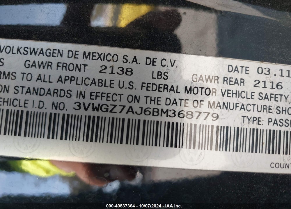 2011 VOLKSWAGEN JETTA 2.5L SEL VIN: 3VWGZ7AJ6BM368779
