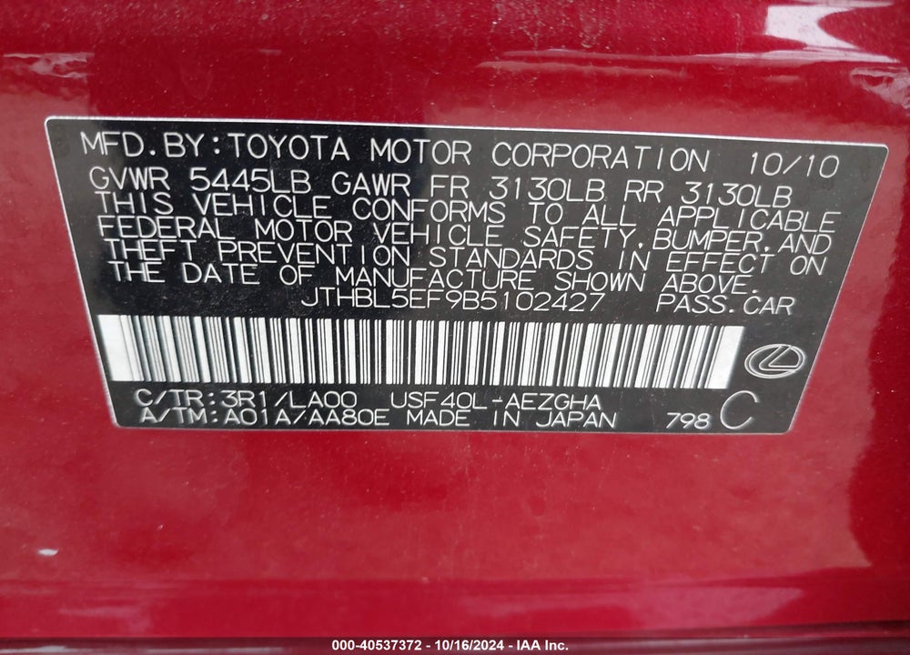 2011 LEXUS LS 460 VIN: JTHBL5EF9B5102427