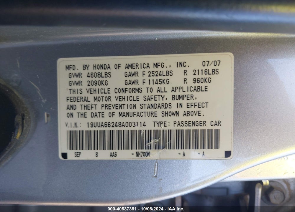 2008 ACURA TL 3.2 VIN: 19UUA66248A003114