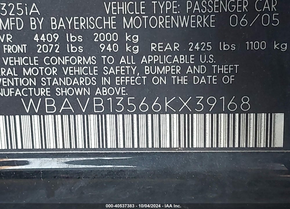 2006 BMW 325I VIN: WBAVB13566KX39168