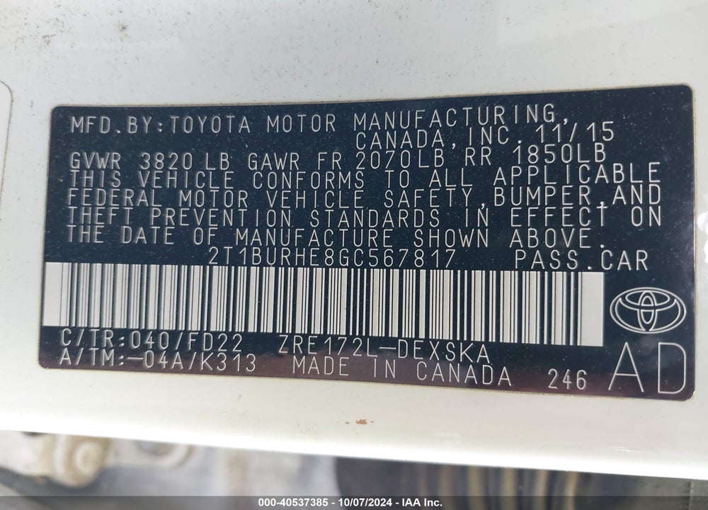 2016 TOYOTA COROLLA S PLUS VIN: 2T1BURHE8GC567817