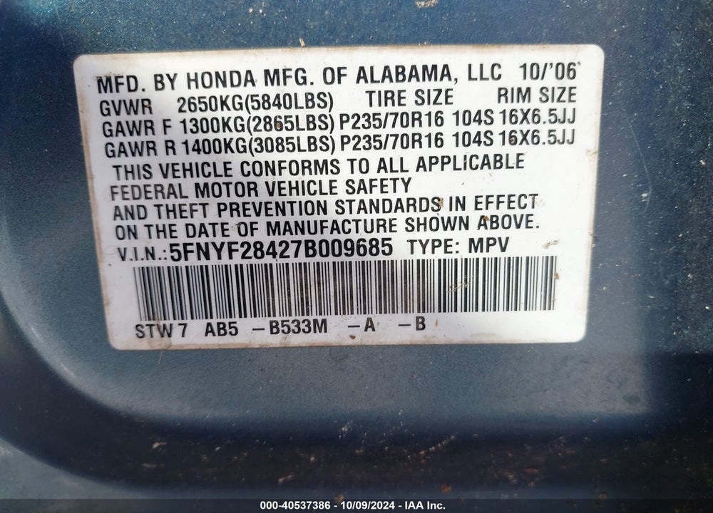 2007 HONDA PILOT EX VIN: 5FNYF28427B009685