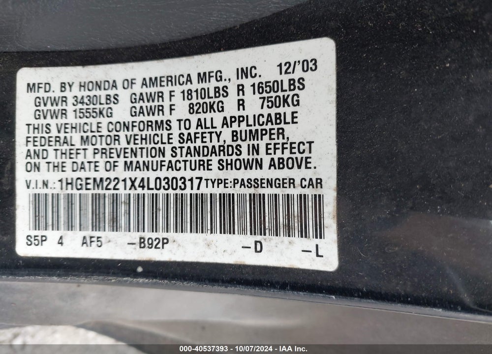 2004 HONDA CIVIC VP VIN: 1HGEM221X4L030317