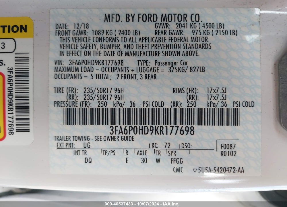 2019 FORD FUSION SE VIN: 3FA6P0HD9KR177698