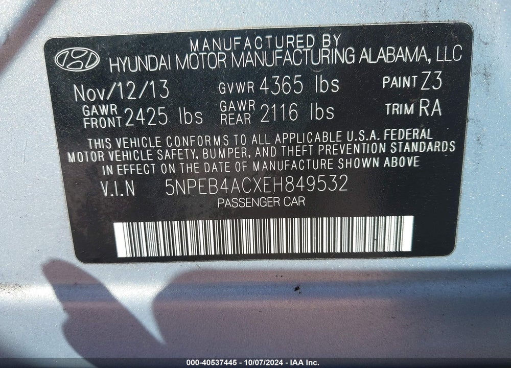 2014 HYUNDAI SONATA GLS VIN: 5NPEB4ACXEH849532