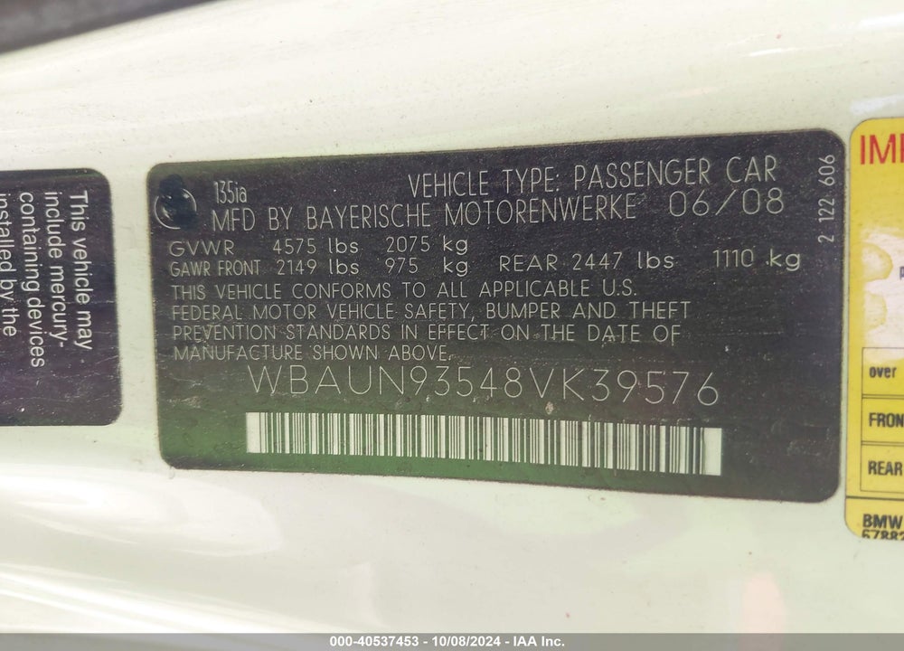 2008 BMW 135I VIN: WBAUN93548VK39576