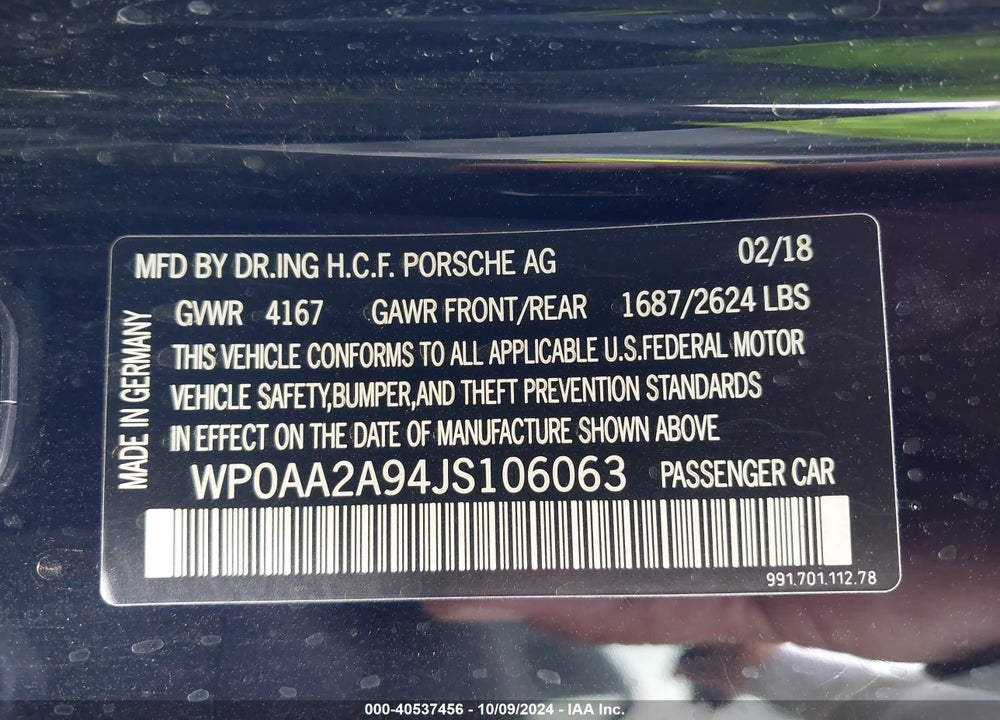 2018 PORSCHE 911 CARRERA T VIN: WP0AA2A94JS106063