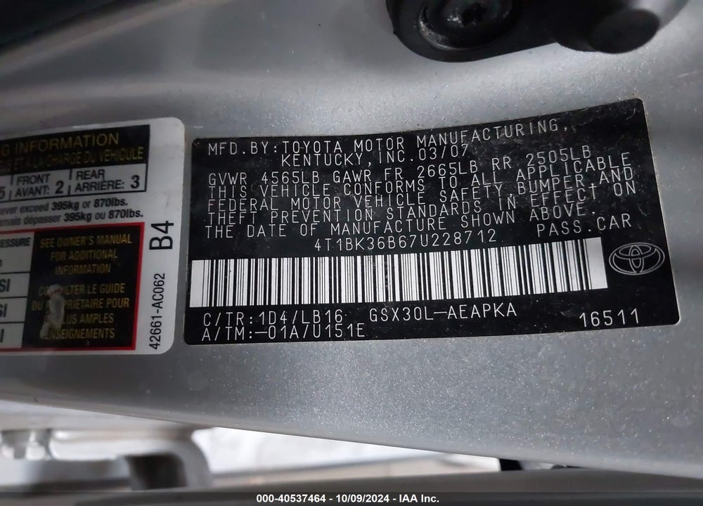 2007 TOYOTA AVALON LIMITED VIN: 4T1BK36B67U228712