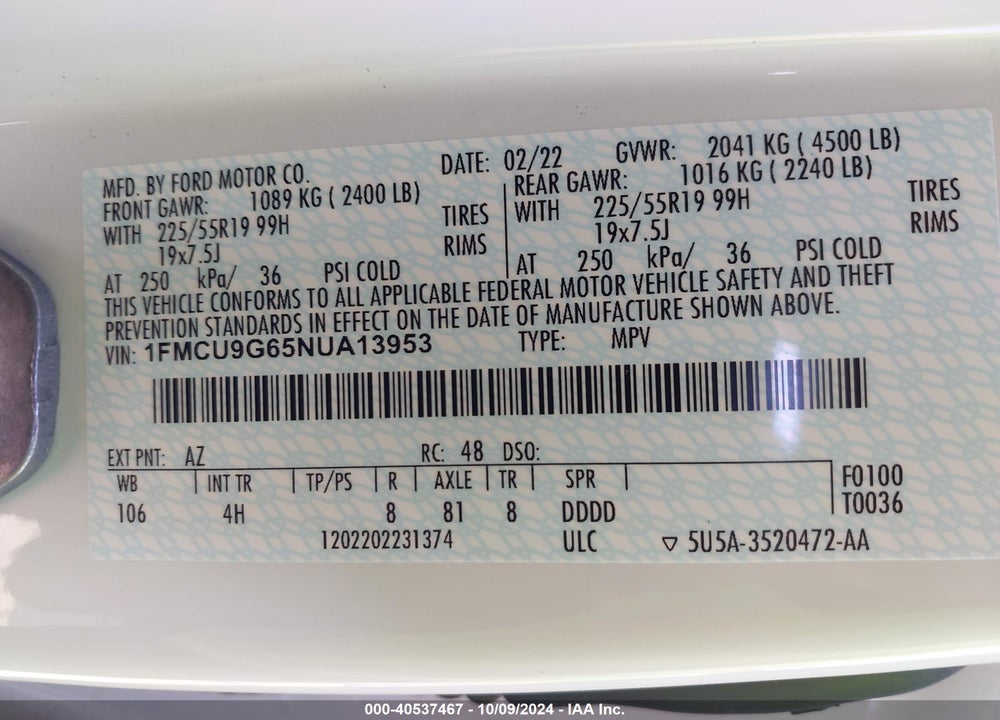 2022 FORD ESCAPE SE VIN: 1FMCU9G65NUA13953