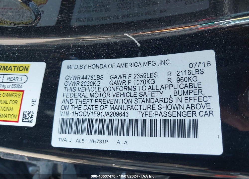 2018 HONDA ACCORD TOURING VIN: 1HGCV1F91JA209643