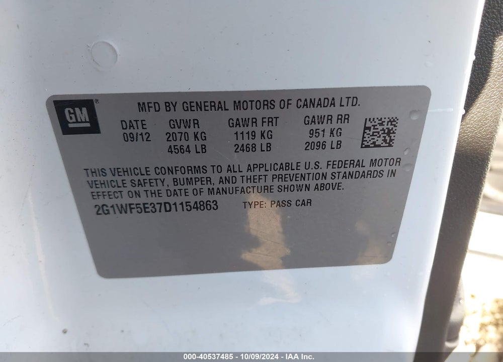 2013 CHEVROLET IMPALA LS VIN: 2G1WF5E37D1154863