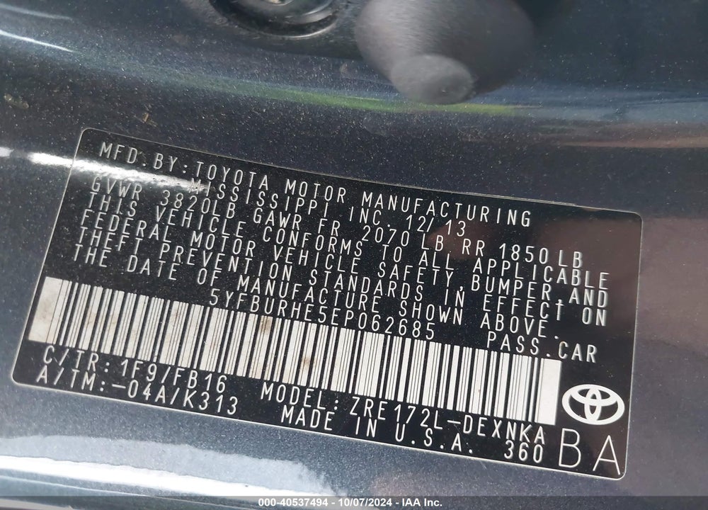 2014 TOYOTA COROLLA LE VIN: 5YFBURHE5EP062685