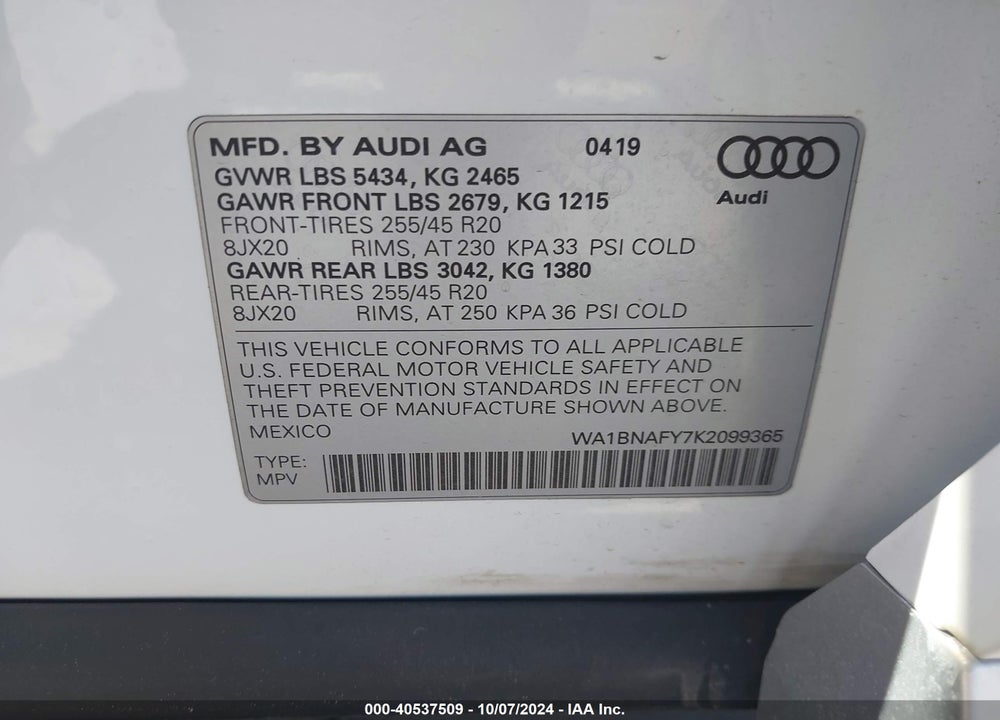 2019 AUDI Q5 45 PREMIUM VIN: WA1BNAFY7K2099365