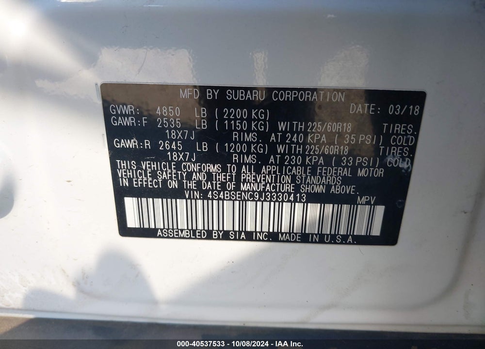2018 SUBARU OUTBACK 3.6R LIMITED VIN: 4S4BSENC9J3330413