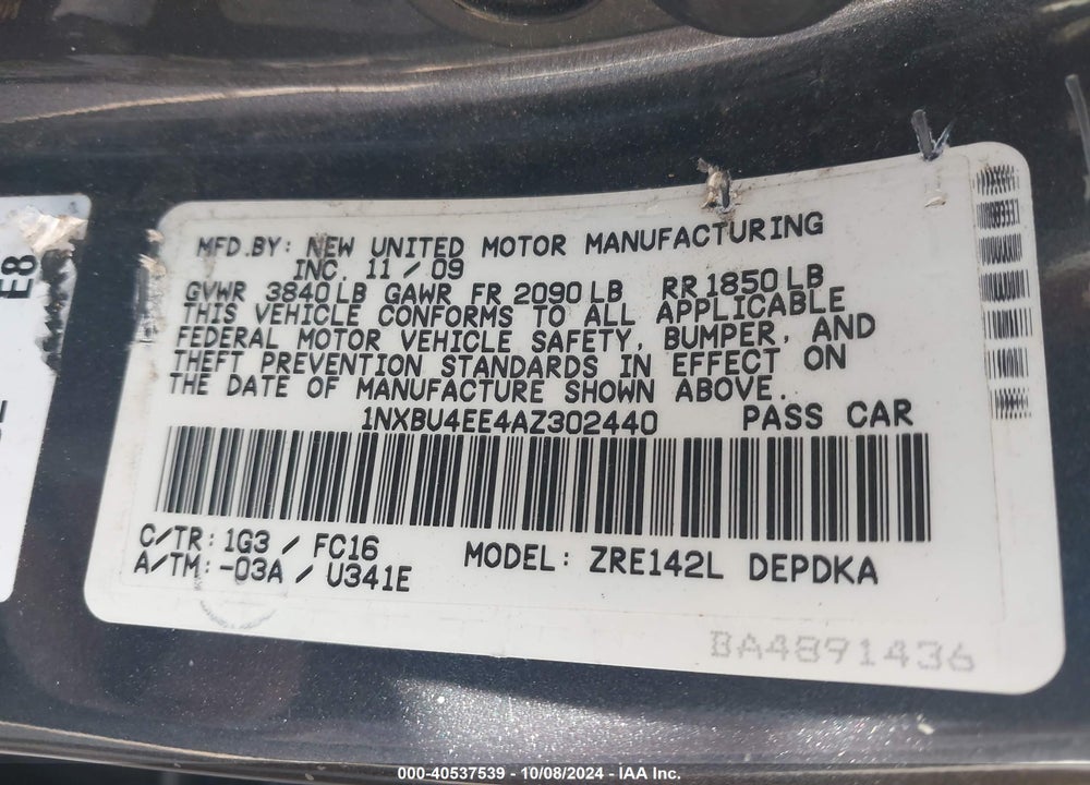 2010 TOYOTA COROLLA LE VIN: 1NXBU4EE4AZ302440