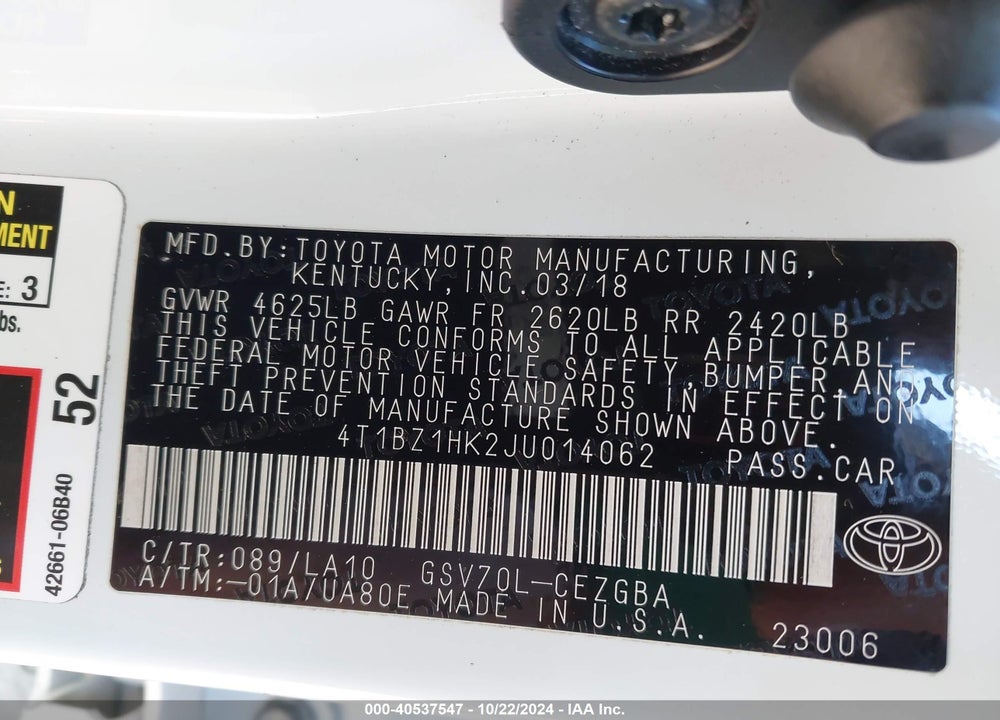 2018 TOYOTA CAMRY XLE V6 VIN: 4T1BZ1HK2JU014062