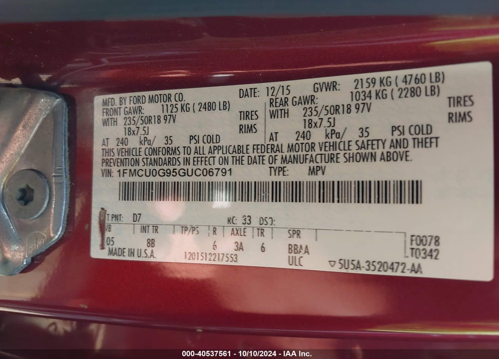 2016 FORD ESCAPE SE VIN: 1FMCU0G95GUC06791