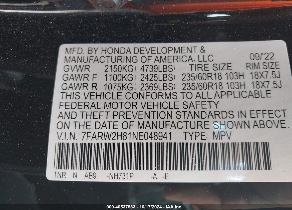 2022 HONDA CR-V AWD EX-L VIN: 7FARW2H81NE048941