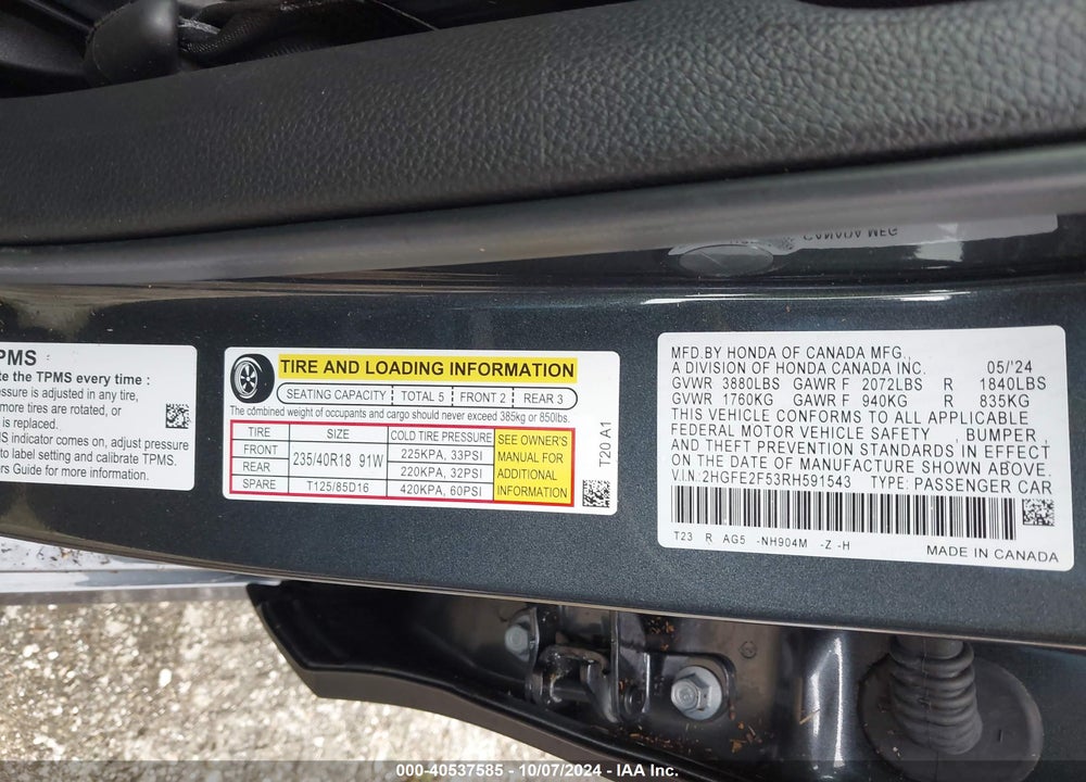 2024 HONDA CIVIC SPORT VIN: 2HGFE2F53RH591543
