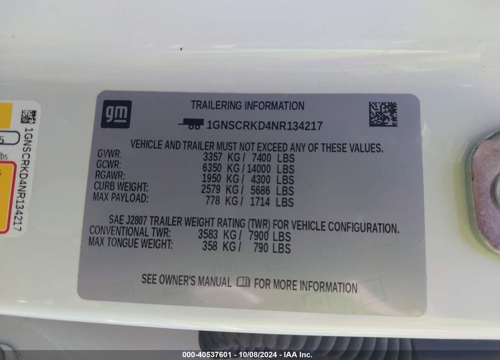 2022 CHEVROLET TAHOE 2WD RST VIN: 1GNSCRKD4NR134217