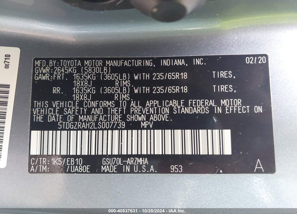 2020 TOYOTA HIGHLANDER XLE VIN: 5TDGZRAH2LS007739