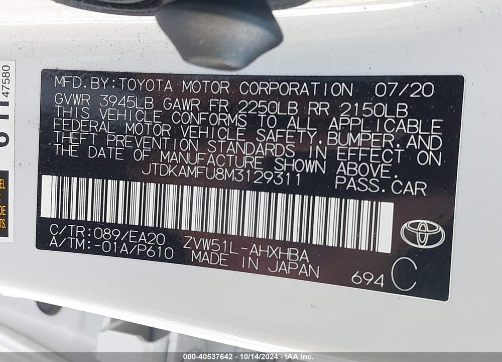 2021 TOYOTA PRIUS 2020 EDITION VIN: JTDKAMFU8M3129311