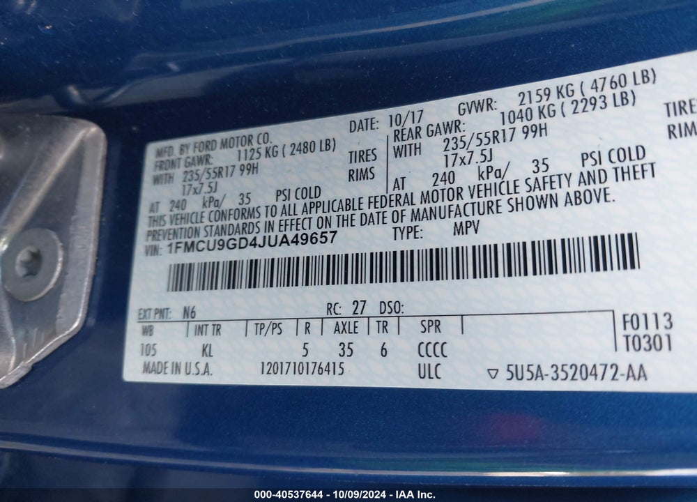 2018 FORD ESCAPE SE VIN: 1FMCU9GD4JUA49657
