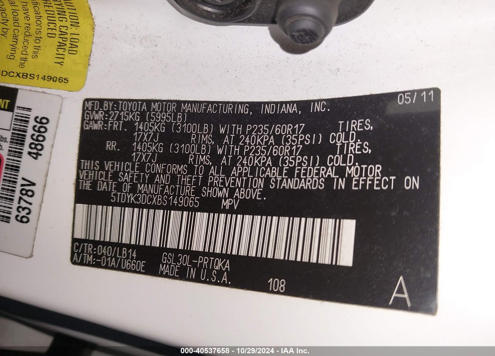 2011 TOYOTA SIENNA XLE V6 VIN: 5TDYK3DCXBS149065