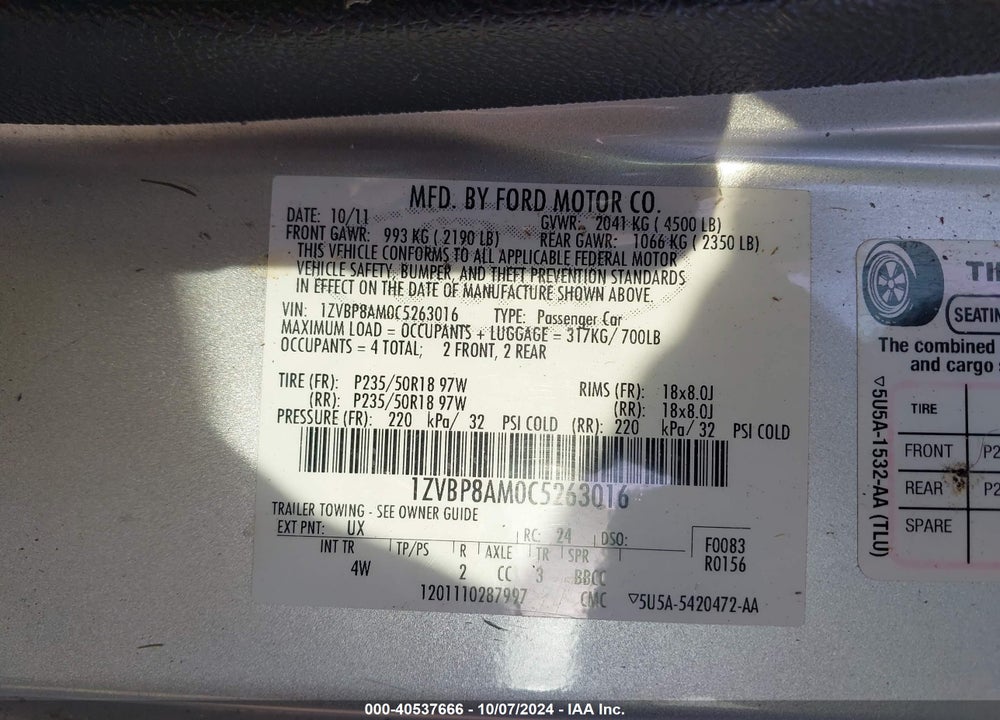 2012 FORD MUSTANG V6 PREMIUM VIN: 1ZVBP8AM0C5263016