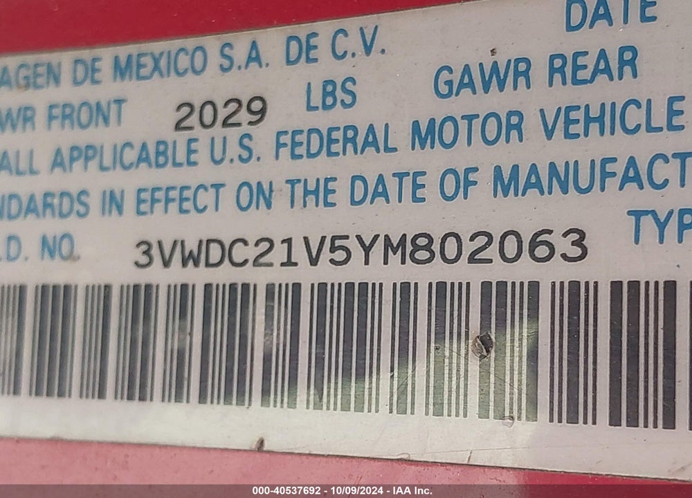2000 VOLKSWAGEN CABRIO GLS VIN: 3VWDC21V5YM802063