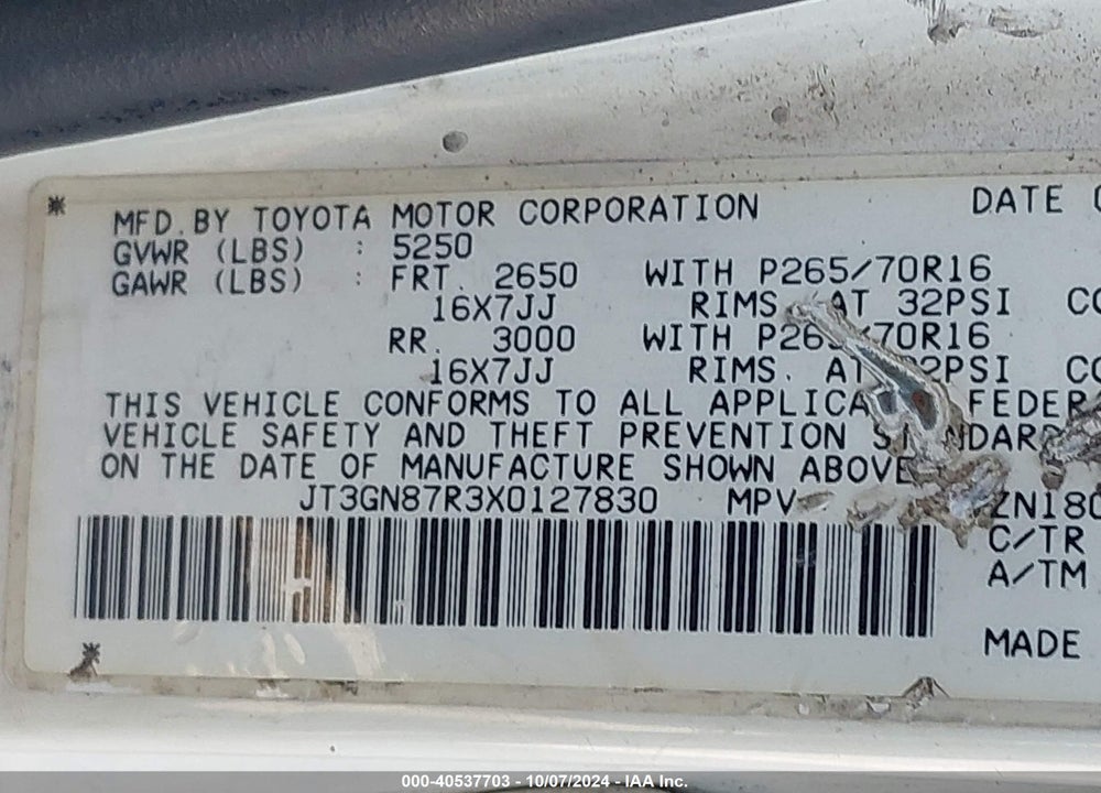1999 TOYOTA 4RUNNER LIMITED V6 VIN: JT3GN87R3X0127830