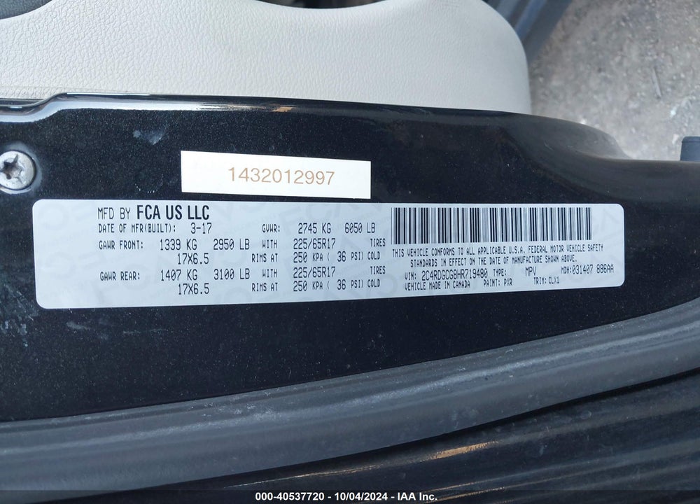 2017 DODGE GRAND CARAVAN SXT VIN: 2C4RDGCG8HR719480