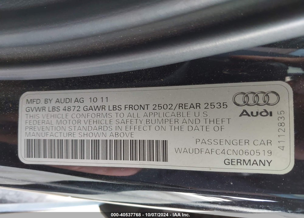 2012 AUDI A6 2.0T PREMIUM VIN: WAUDFAFC4CN060519